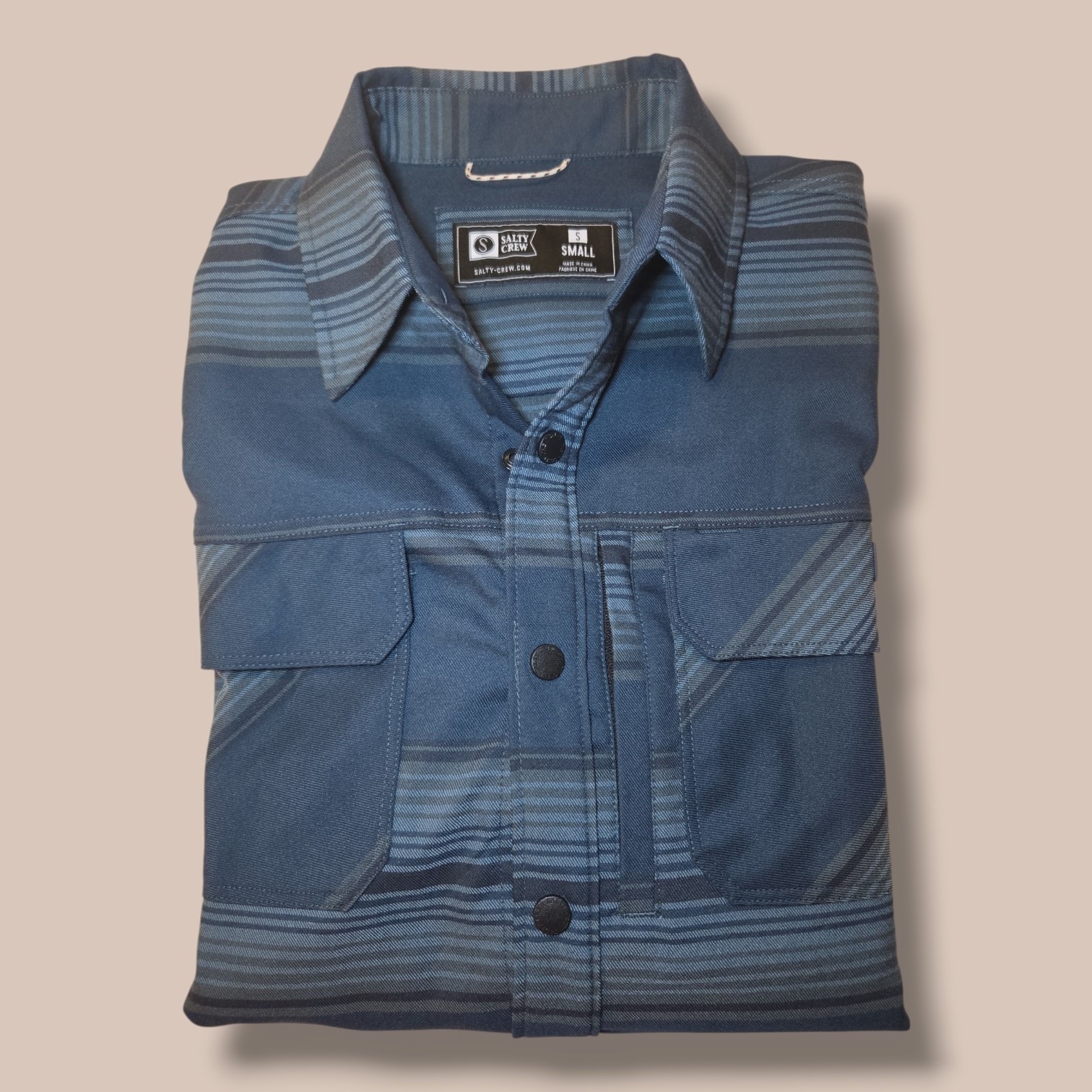 Salty Crew Fathom Ls Tech Flannel Shirt Mens Small Blue Striped Snap Front — image 7 of 7